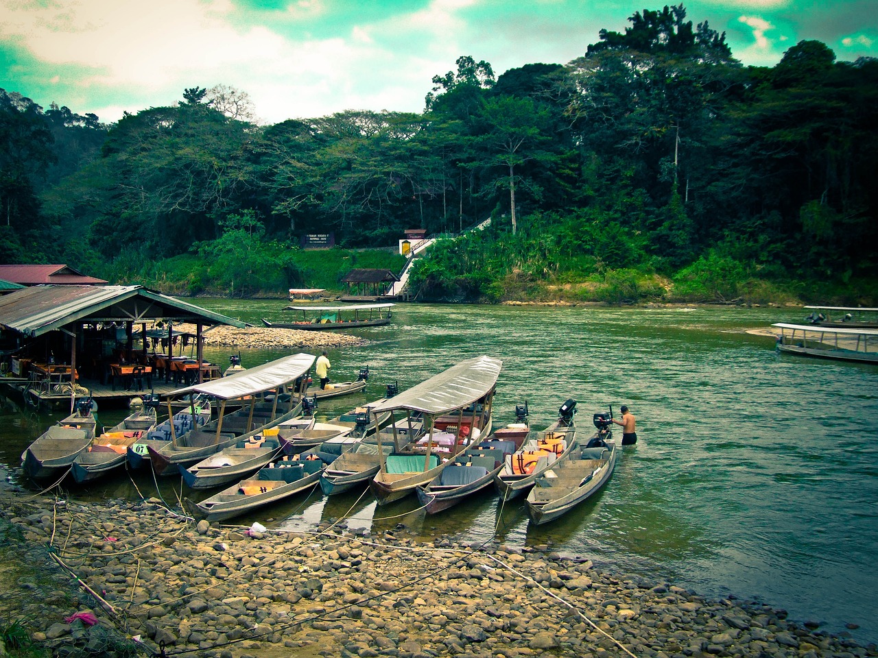 Boats on the Tembeling River at the Taman Negara National Park